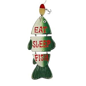 9" Vintage EAT SLEEP FISH Wood Fishing Lure Ornament Sign